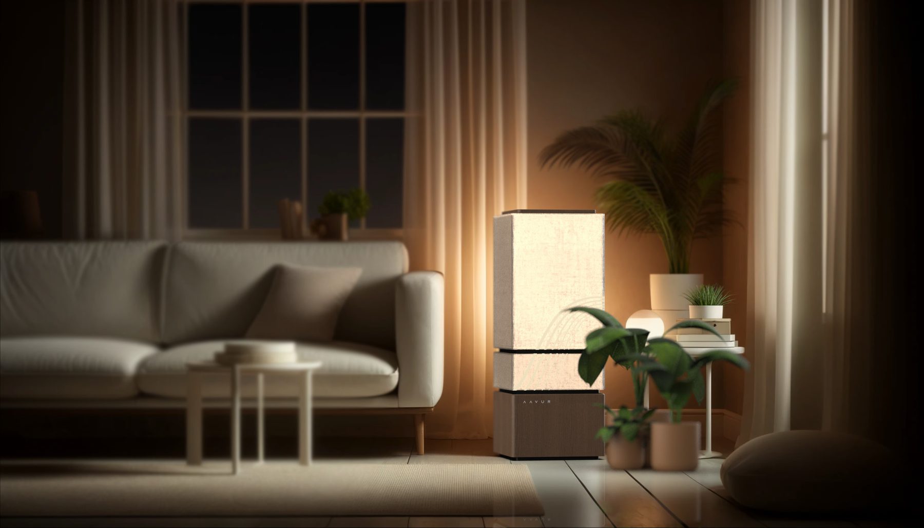 The AAVUR Shoji standing lit in a darkened living room